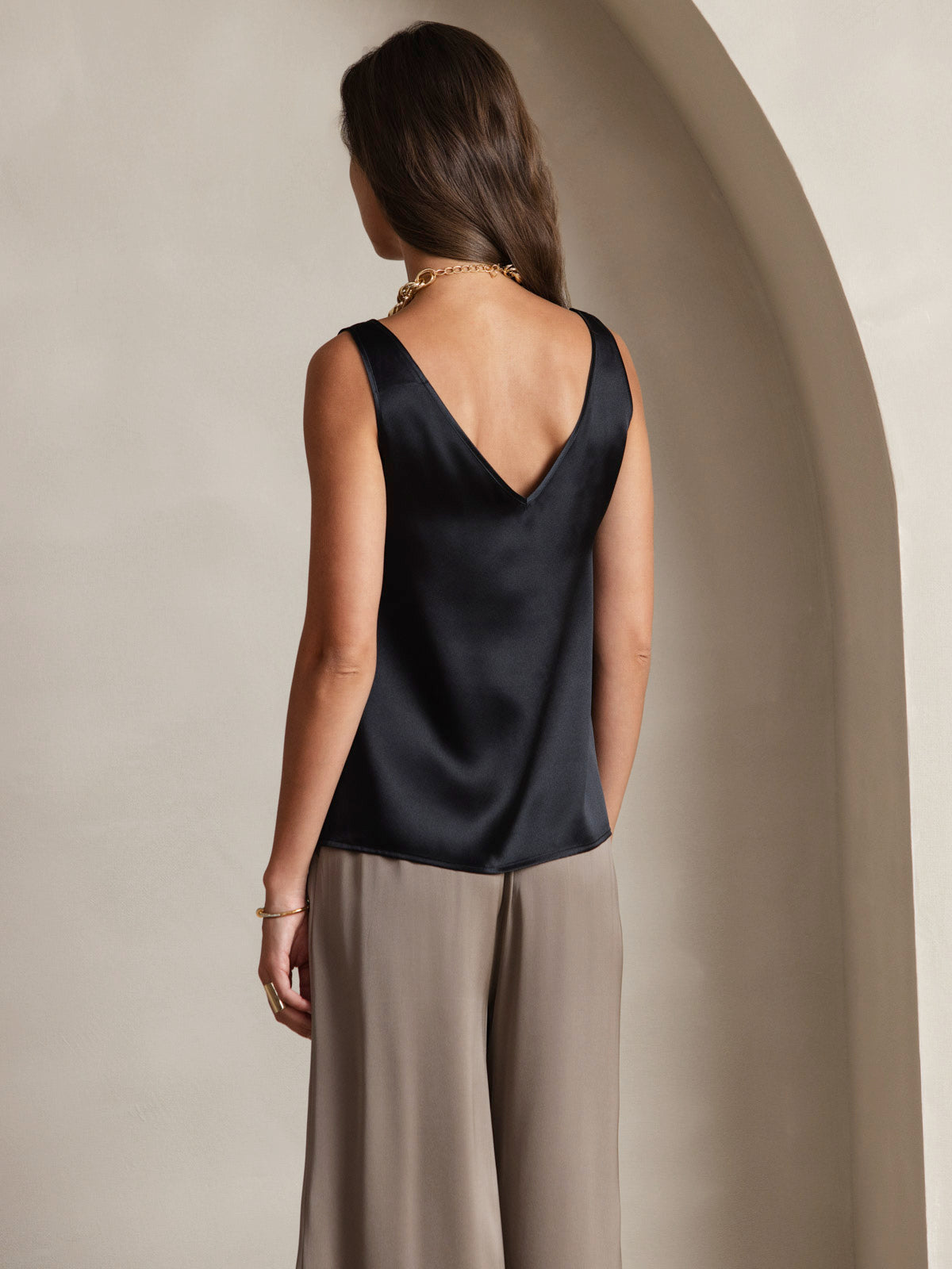 [Svart] SilkSilky-SE 19Momme Ärmlös V Ringning Cami Toppar 004