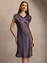 [Lila Grå] SilkSilky-SE Cap Sleeve V Neck Nattlinne 004
