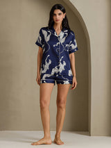 [Marinblå Gepard] SilkSilky-SE Short Sleeve Notch Collar Dam Pyjama 007