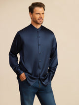 [Mörkblå] SilkSilky-SE Long Sleeve Stand Collar Herrskjorta 006