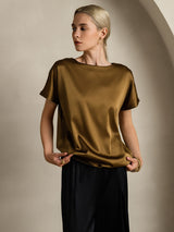 [Brun] SilkSilky-SE 19Momme Kort Ärm Båtringad Dam T-Shirt 004