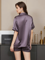 [Lila Grå] SilkSilky-SE Short Sleeve Lapel Collar Dam Pyjama 002