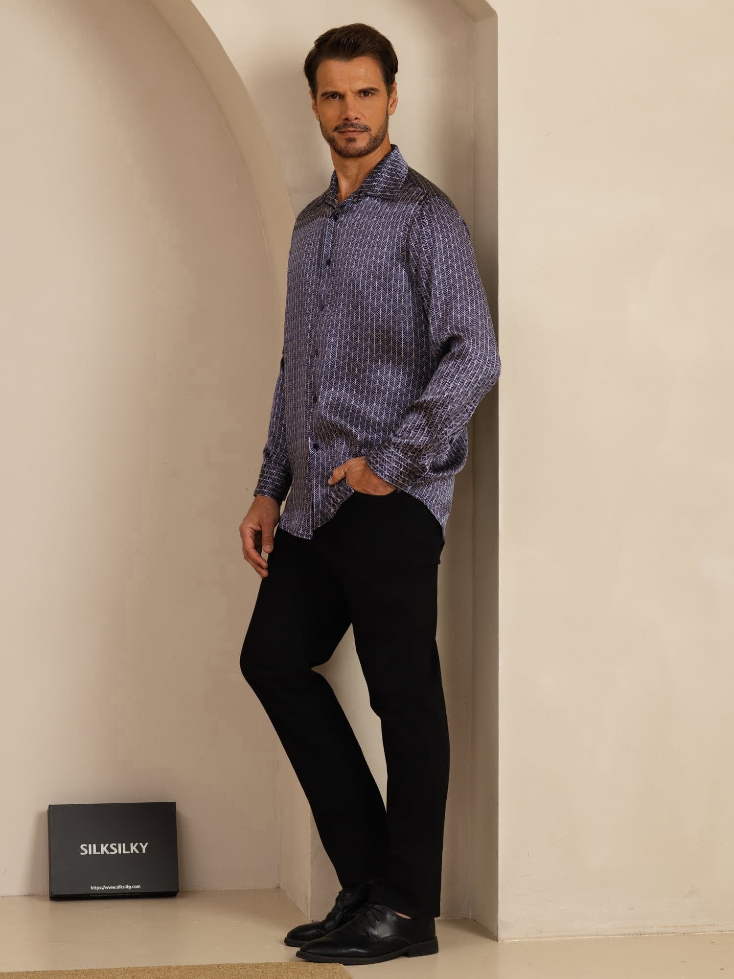 [Marin Ginkgo] SilkSilky-SE Lång Ärm Slagkrage Herrskjorta 007