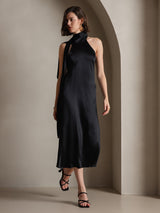 [Svart] SilkSilky-SE 19Momme Stretch Silk Charmeuse Sleeveless Halter Klänning 007