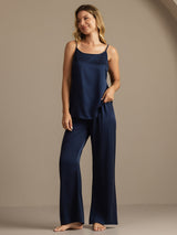 [Mörkblå] SilkSilky-SE 19Momme Spaghetti Rem Djup Rund Halsringning Camisole Set 006