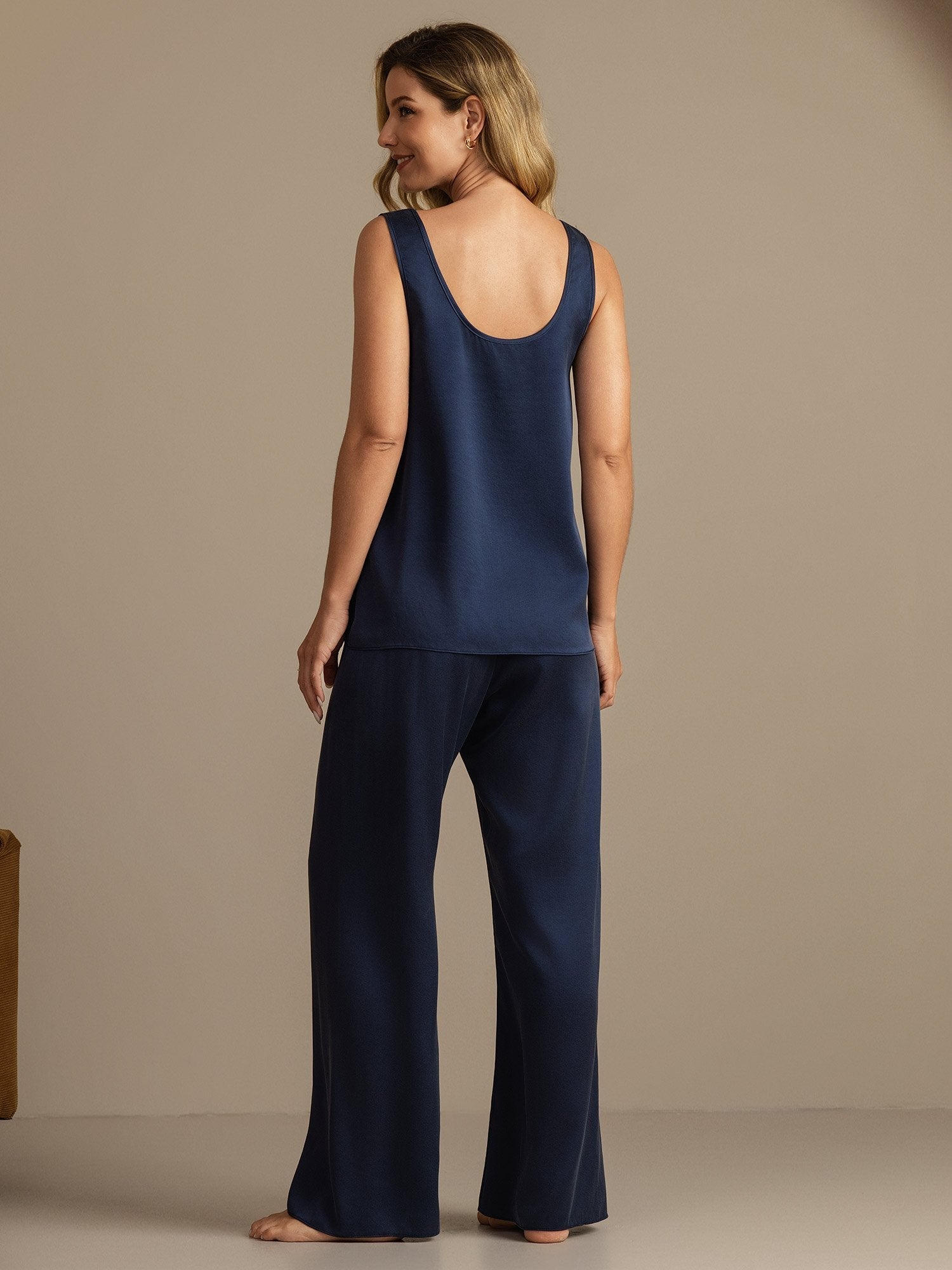 [Mörkblå] SilkSilky-SE 19Momme Silke Womens Pajamas 002,