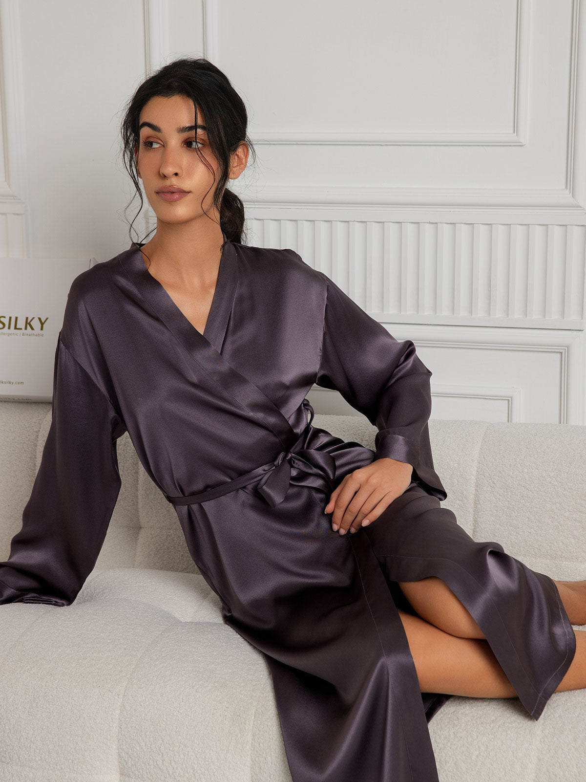 [Lila Grå] SilkSilky-SE Rent Silke Womens Robe 005