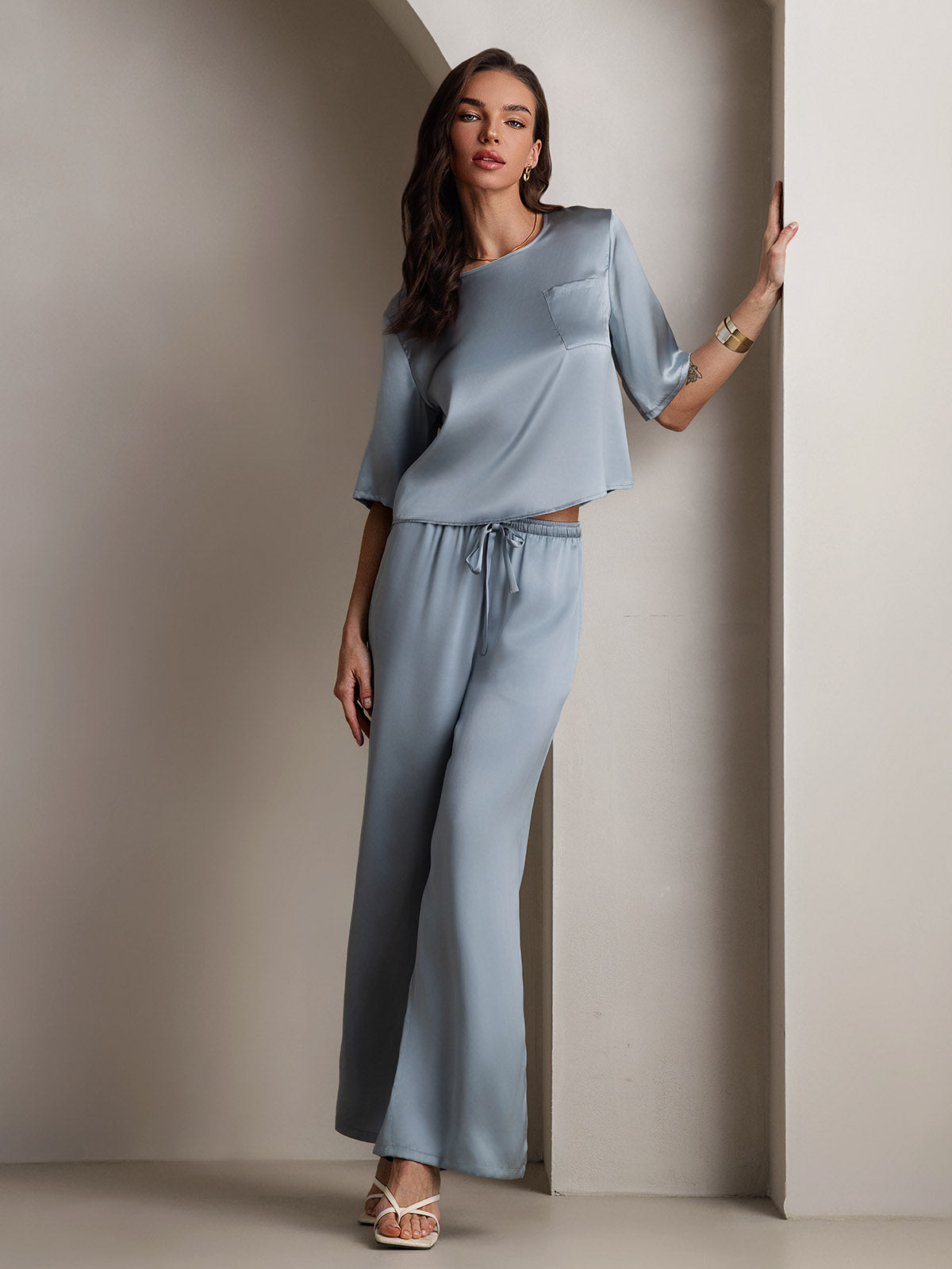 [Gråblå] SilkSilky-SE Rent Silke Womens Pajamas 001,