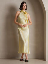 [Ljusgul] SilkSilky-SE 19Momme Stretch Silk Charmeuse Sleeveless Halter Klänning 003