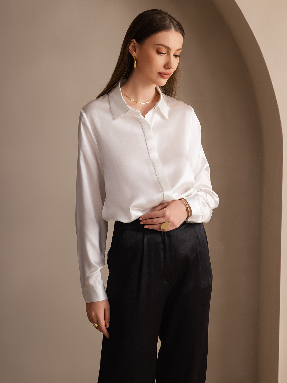 [Vit] SilkSilky-SE 19Momme Silke Lapel Collar Damskjorta 006