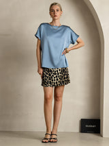 [Gråblå] SilkSilky-SE 19Momme Kort Ärm Båtringad Dam T-Shirt 006