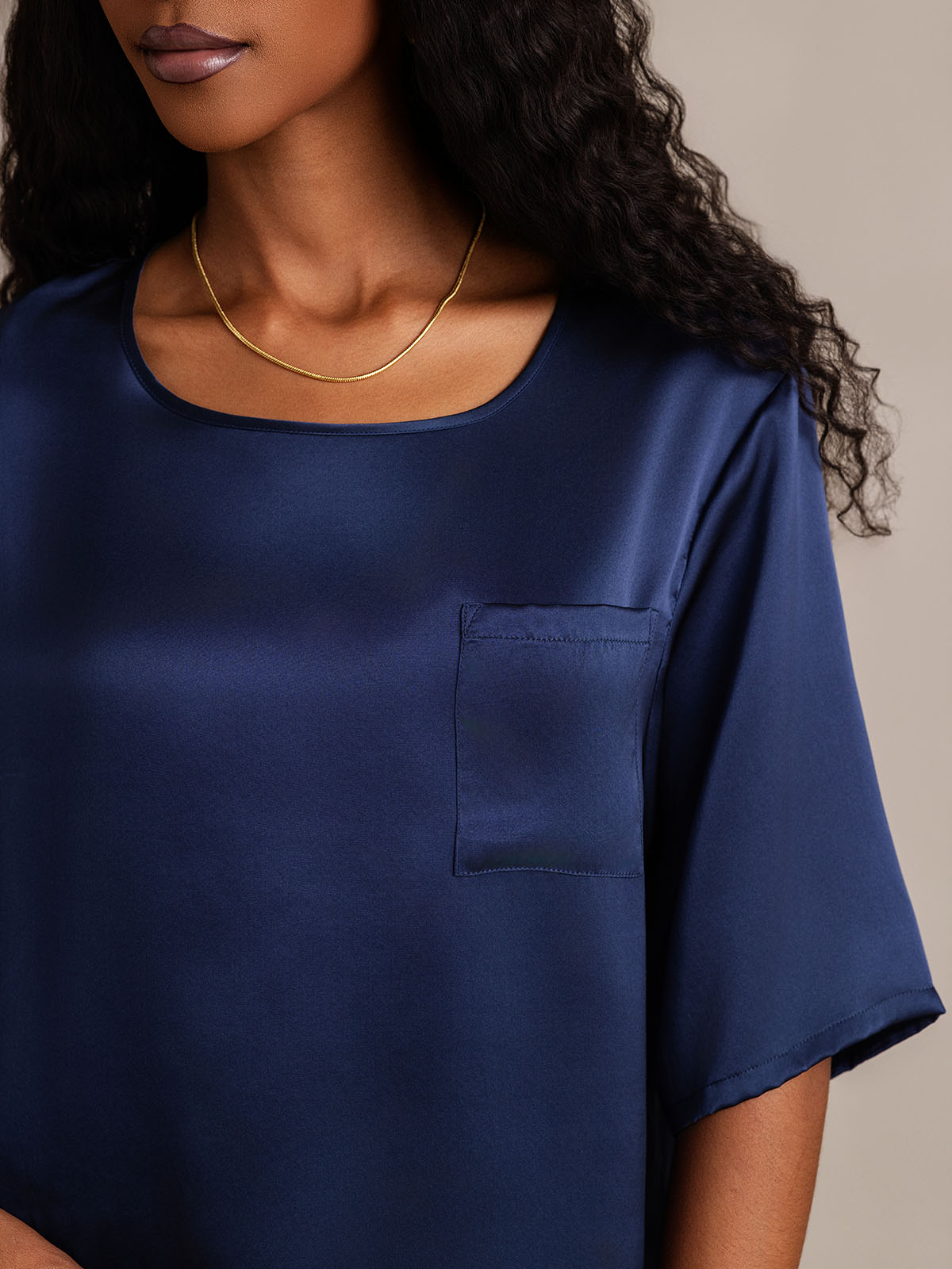 [Mörkblå] SilkSilky-SE Rent Silke Womens Pajamas 008