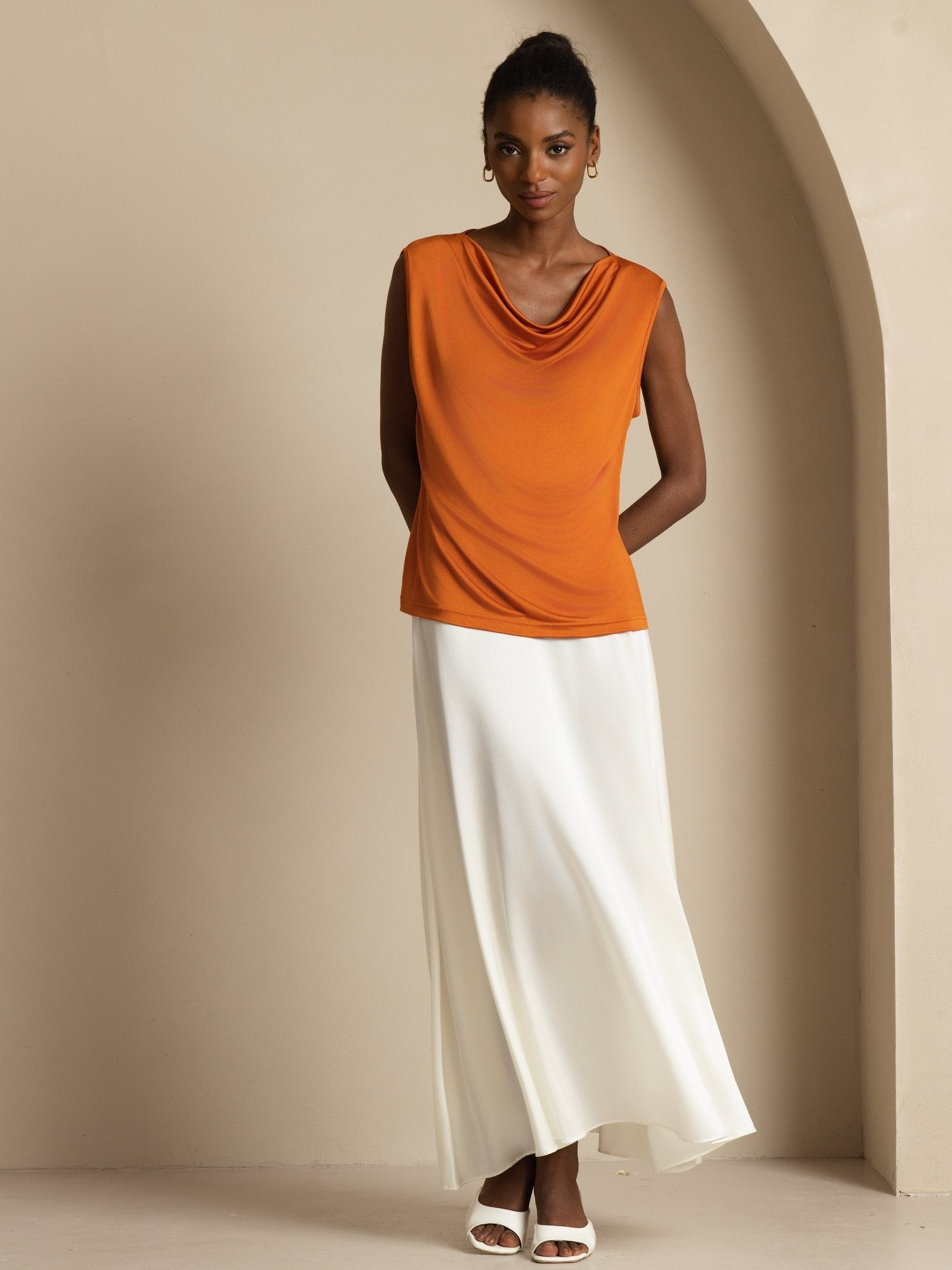 [Orange] SilkSilky-SE Ärmlös Cowl Halsringning Dam T-Shirt 005