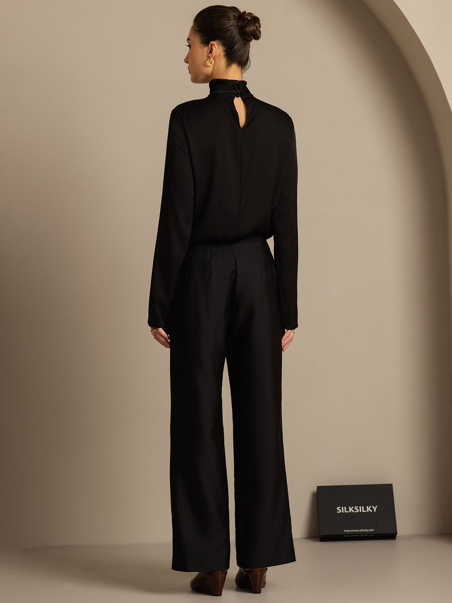 [Svart] SilkSilky-SE 32Momme Silk-Wool Blend Womens Pants 002,