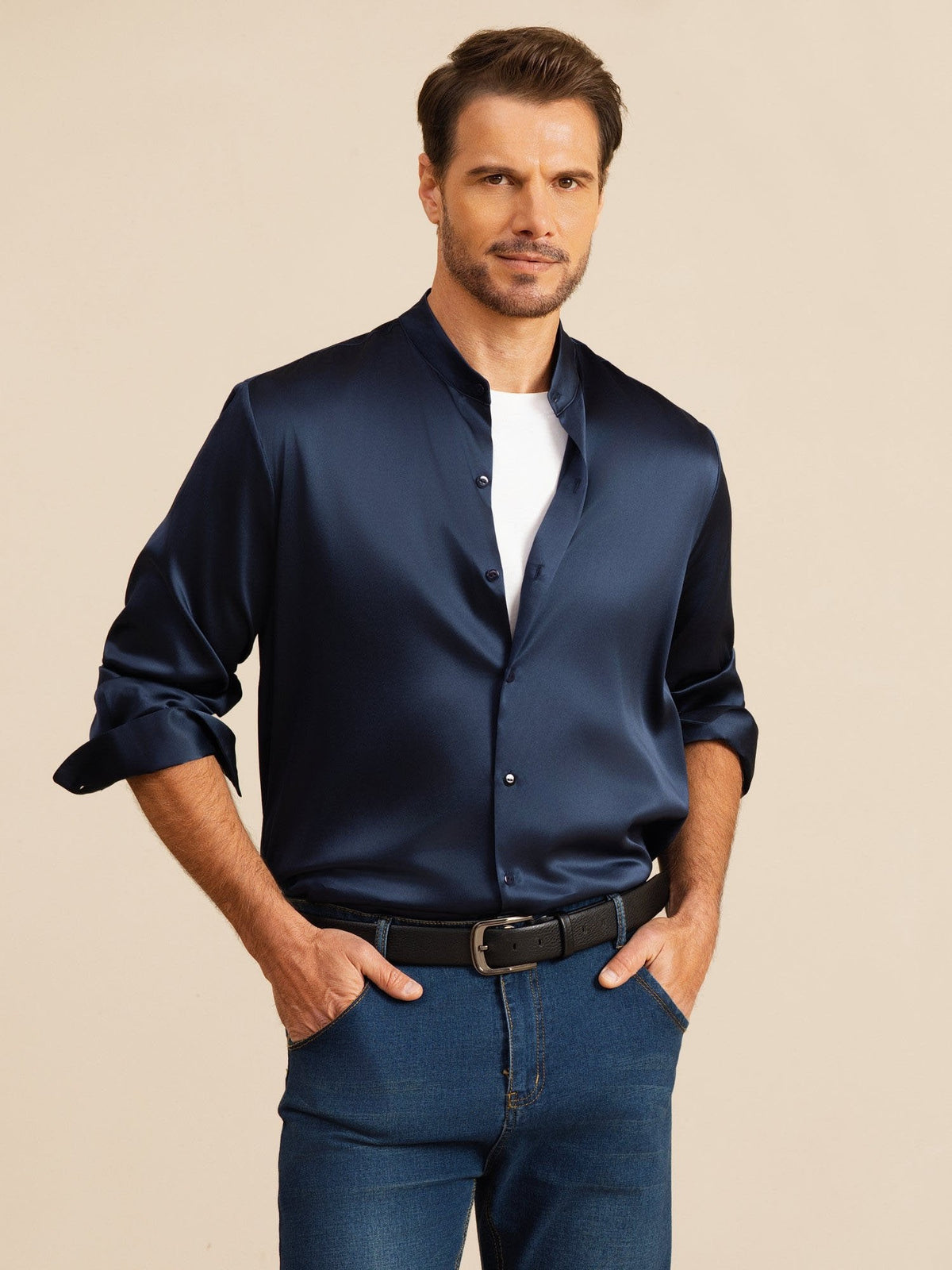 [Mörkblå] SilkSilky-SE Long Sleeve Stand Collar Herrskjorta 001