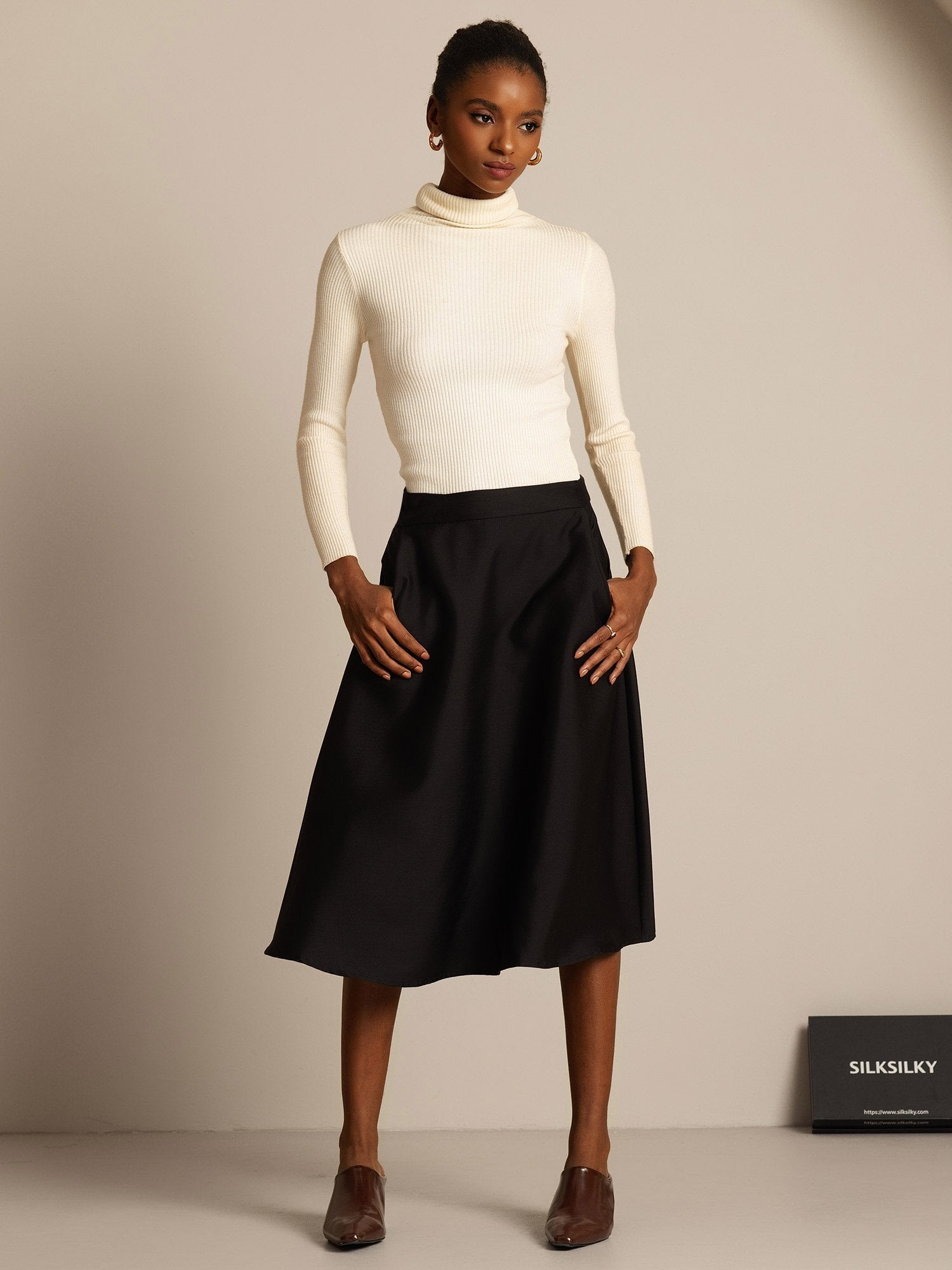 [Svart] SilkSilky-SE 32Momme Silk-Wool Blend Skirt 007,