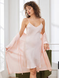 SilkSilky SE Rent Silke 3/4 Ärm Nightgown&Robe Set Ljusrosa 003