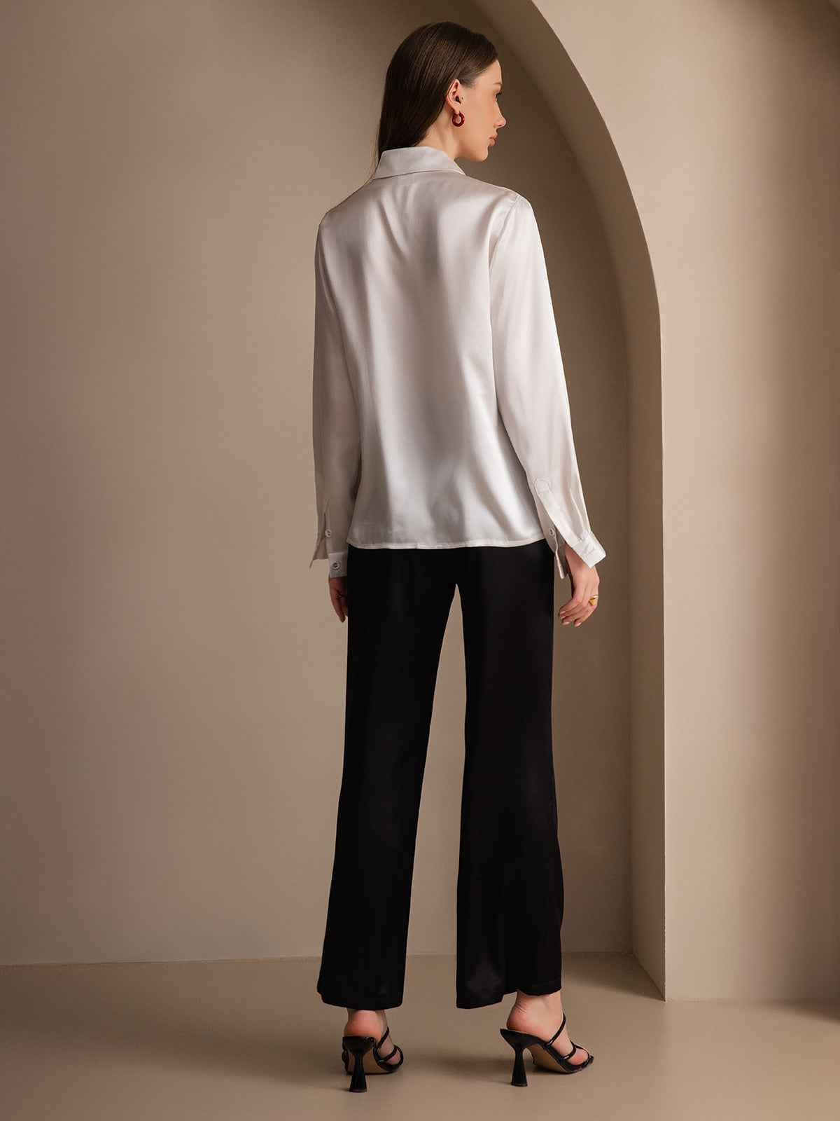 [Vit] SilkSilky-SE 19Momme Silke Lapel Collar Damskjorta 002