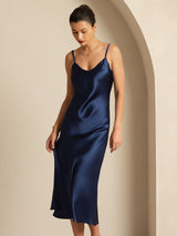 [Mörkblå] SilkSilky-SE Spaghetti Strap V Neck Klänning 007