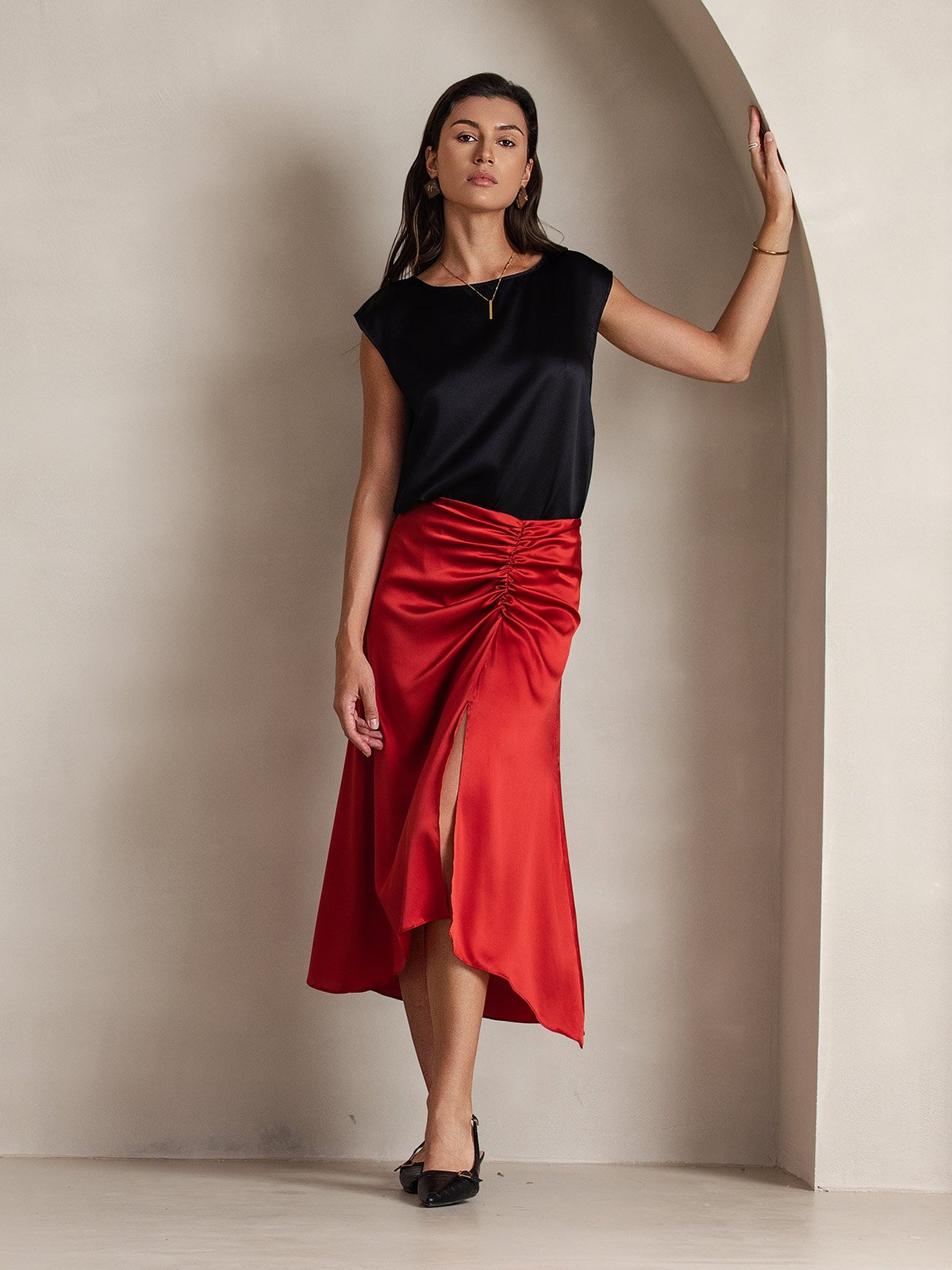 [Svart] SilkSilky-SE 19Momme Silke Womens T-Shirt 007