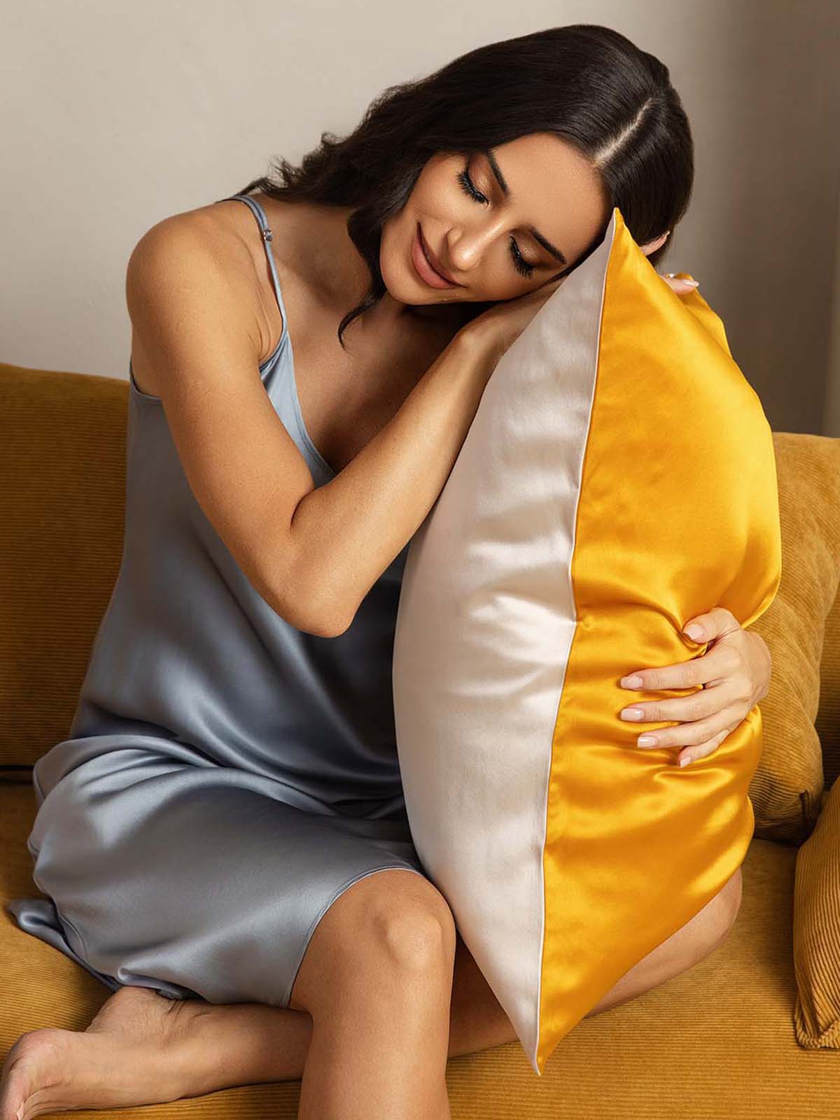 [Guld+Ljusbeige] SilkSilky-SE 19Momme Rent Silke Pillowcase 001