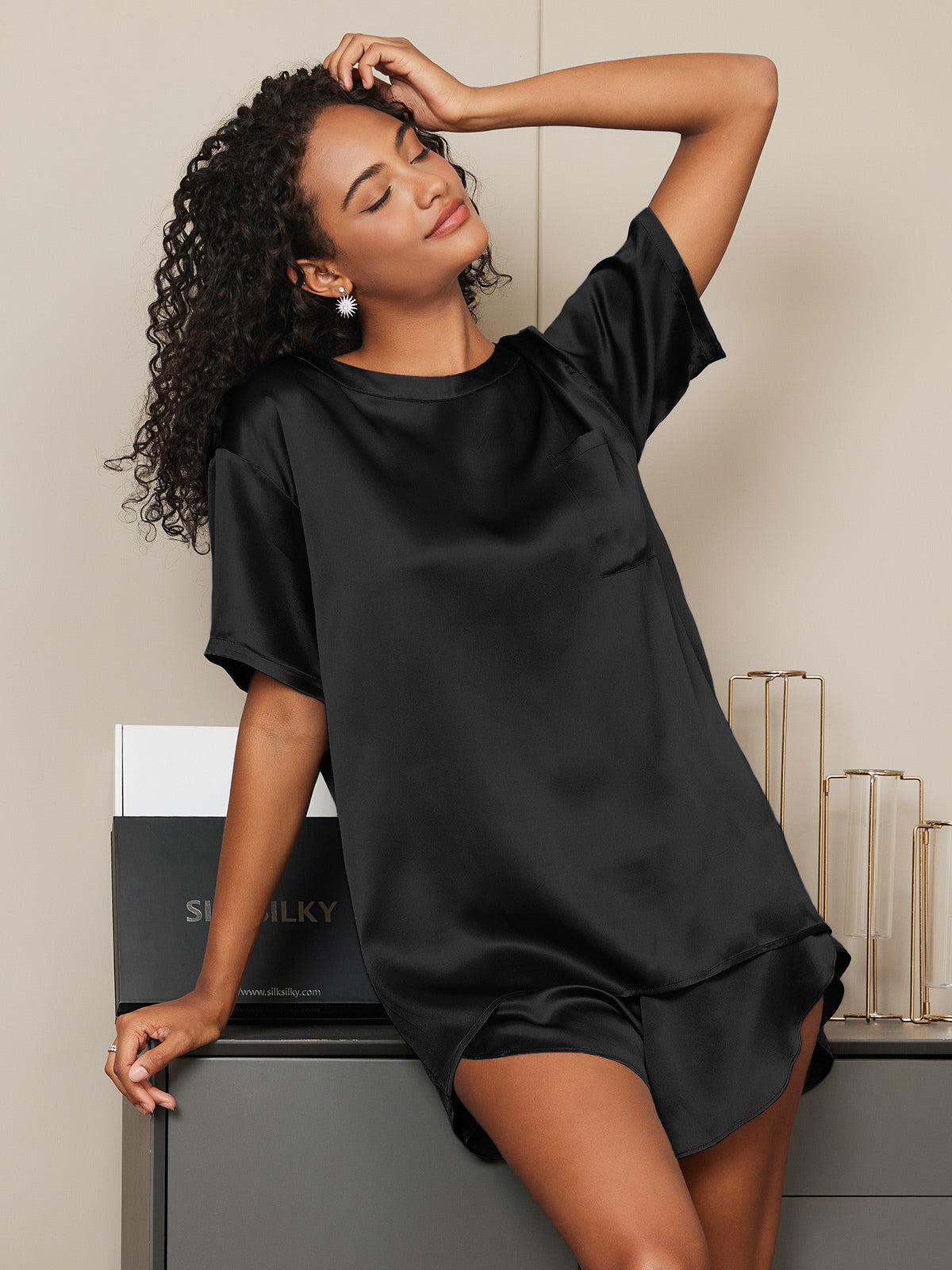 [Svart] SilkSilky-SE Rent Silke Womens Pajamas 002