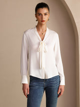 [Vit] SilkSilky-SE Long Sleeve Tie Neck Damblusar 001