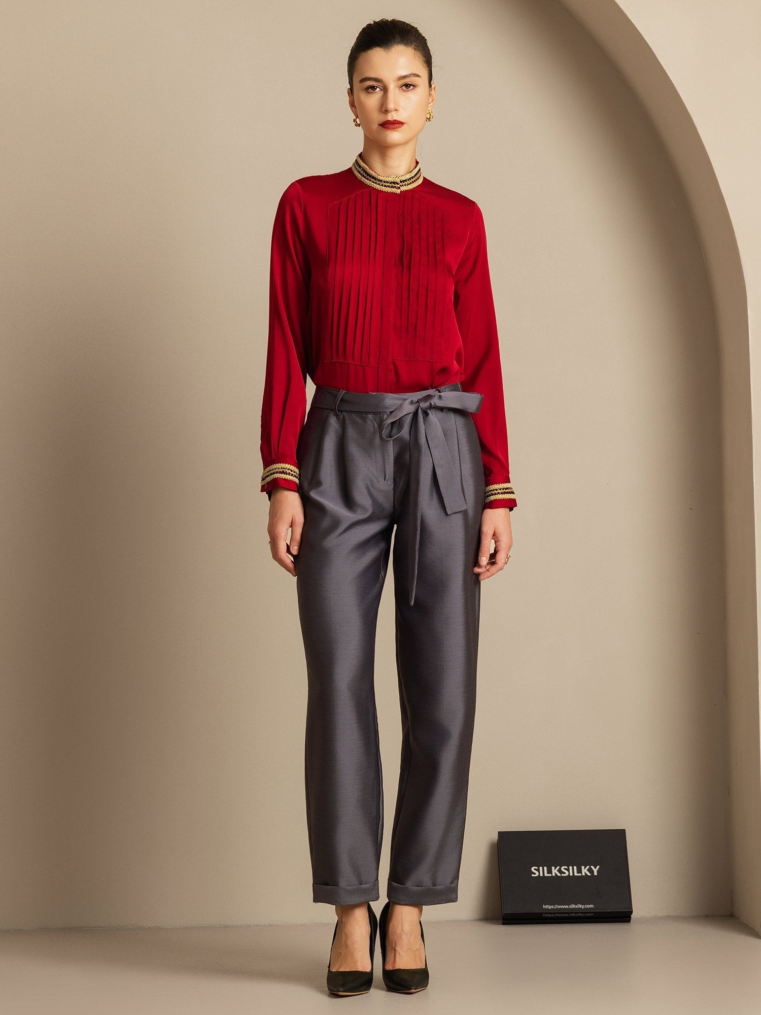 [Grå] SilkSilky-SE 32Momme Silk-Wool Blend Womens Pants 006,