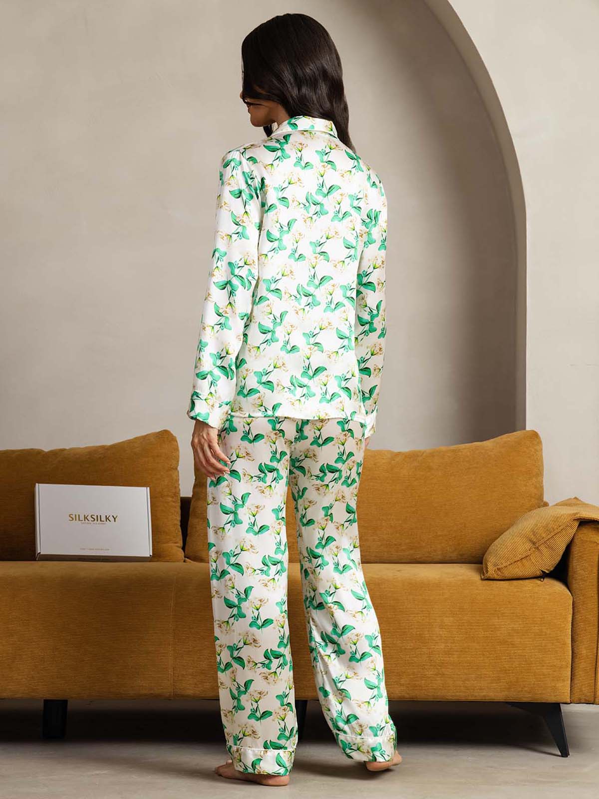 [Grön Blommor] SilkSilky-SE Rent Silke Womens Pajamas 002