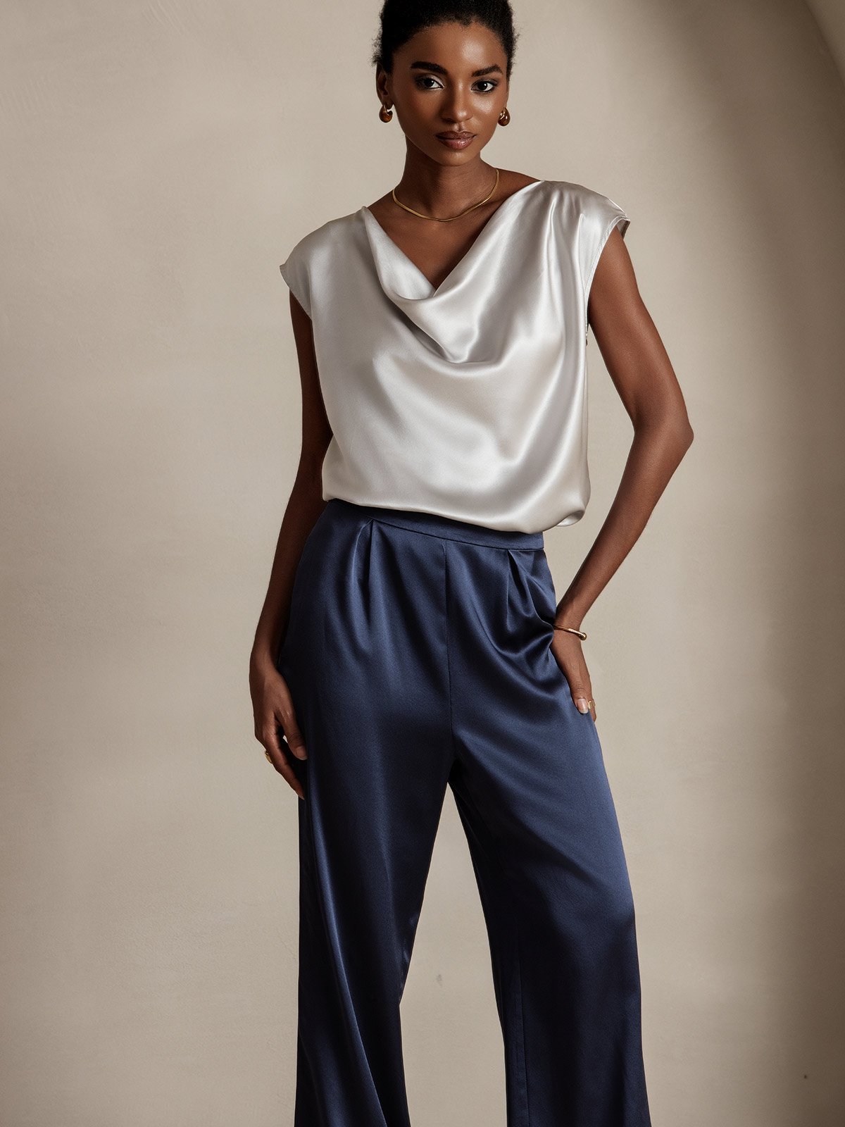 [Ljusgrå] SilkSilky-SE 19Momme Kappärm Cowl Halsringning Dam T-Shirt 003