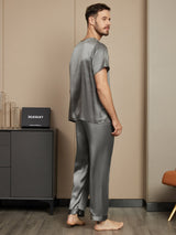 [Mörkgrå] SilkSilky-SE Rent Silke Kort Ärm Round Neck Herr Pyjama 002