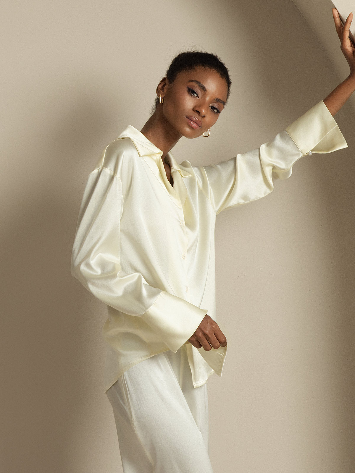 [Elfenben] SilkSilky-SE 19Momme Silke Womens Shirt 007