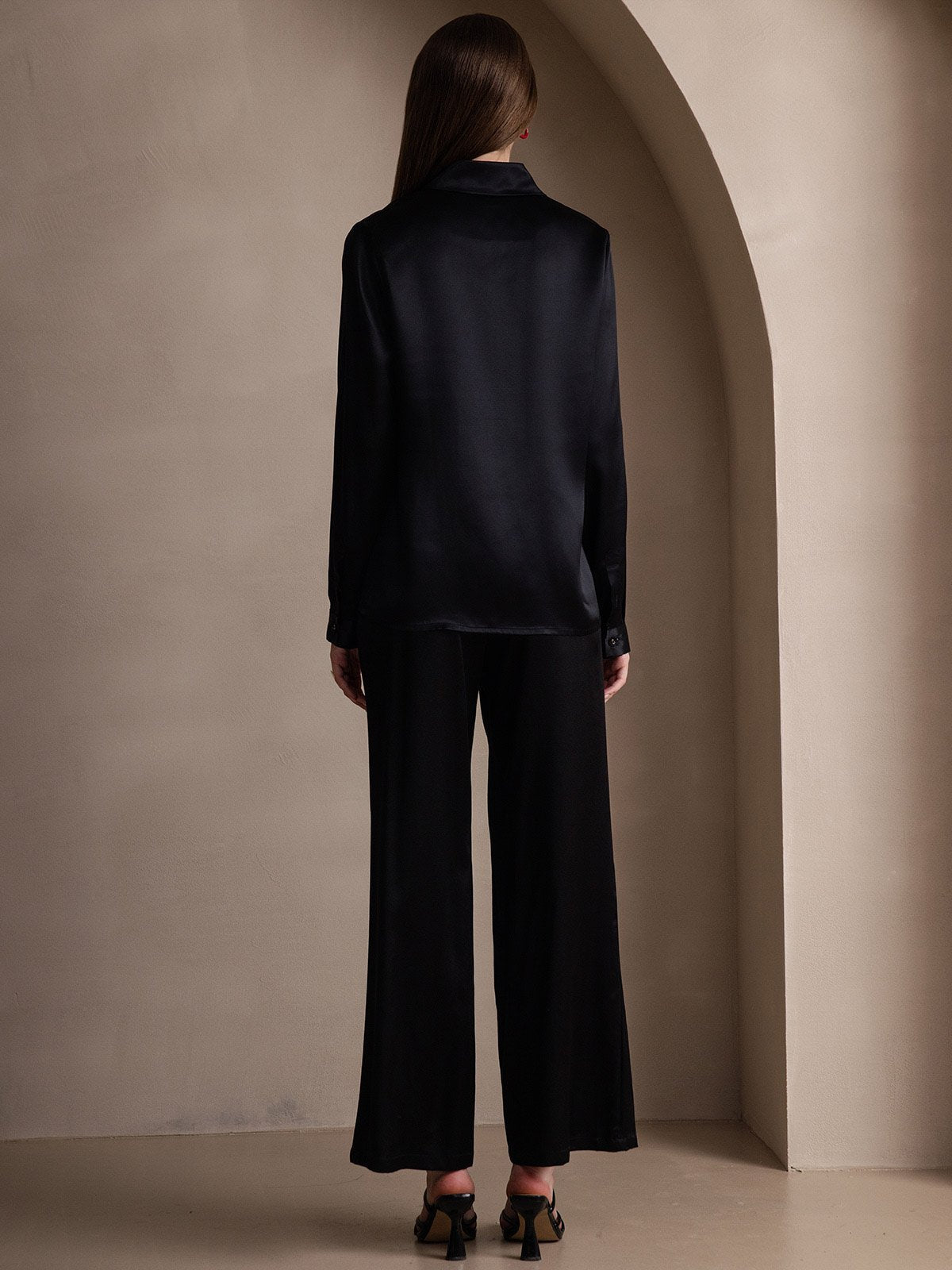 [Svart] SilkSilky-SE 19Momme Silke Lapel Collar Damskjorta 002
