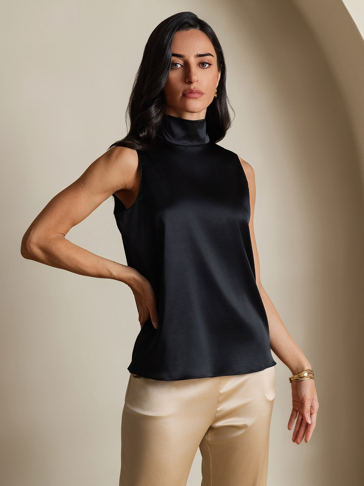 SilkSilky-SE 19Momme Silke Binda Hals Damskjorta Svart 006