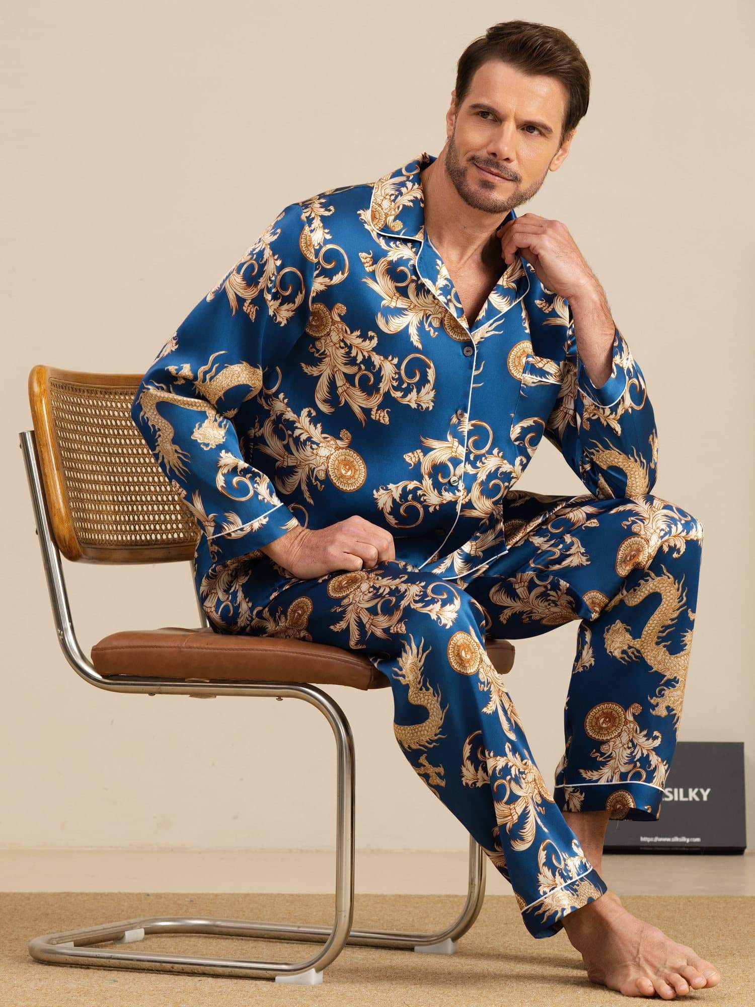 [Navy Drake] SilkSilky-SE Long Sleeve Notchkrage Herr Pyjama 001