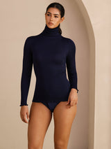[Mörkblå] SilkSilky-SE Long Sleeve Turtle Neck Dam T-Shirt 005