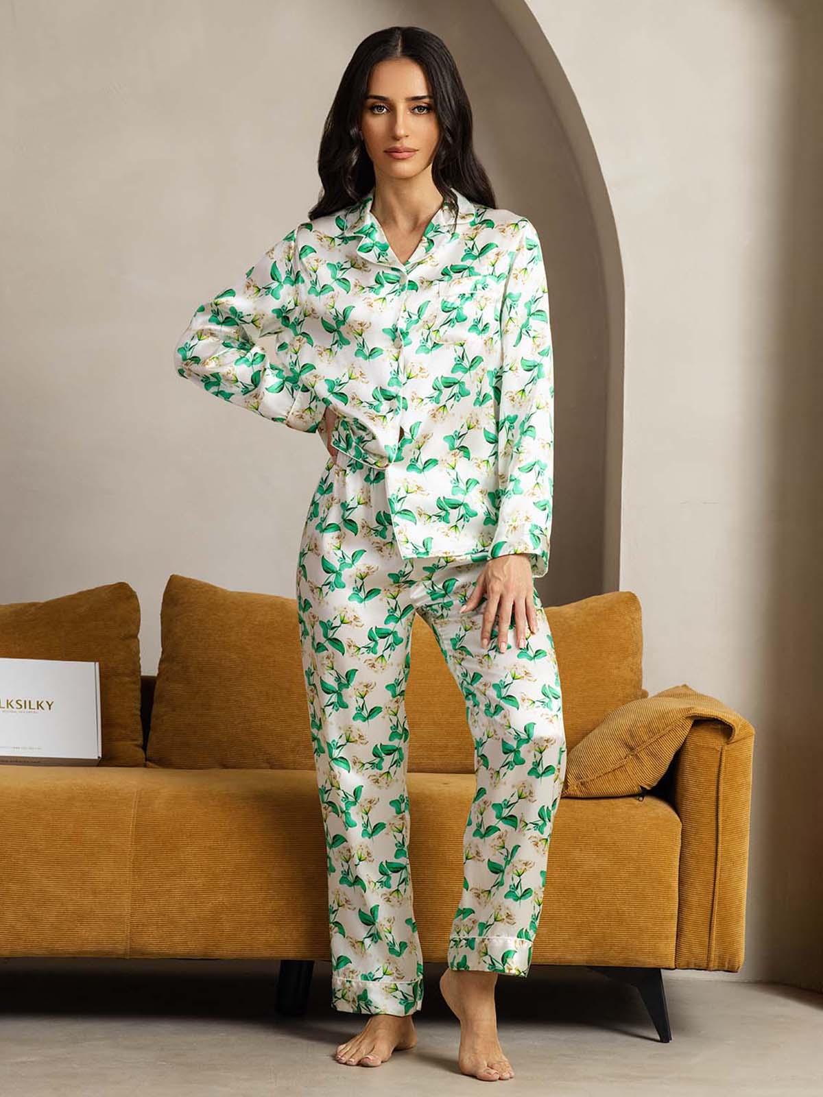 [Grön Blommor] SilkSilky-SE Rent Silke Womens Pajamas 003