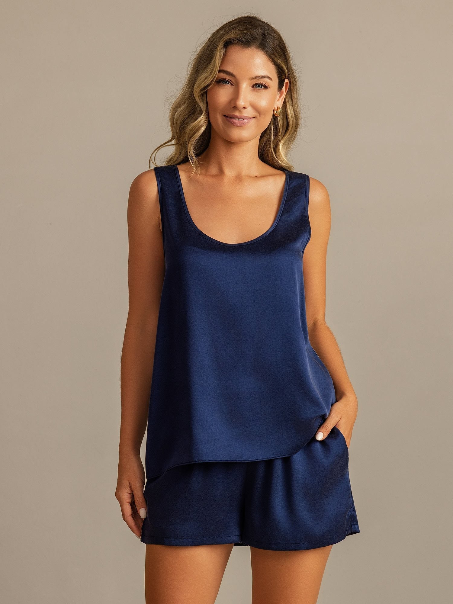 [Mörkblå] SilkSilky-SE 19Momme Silke Womens Pajamas 001