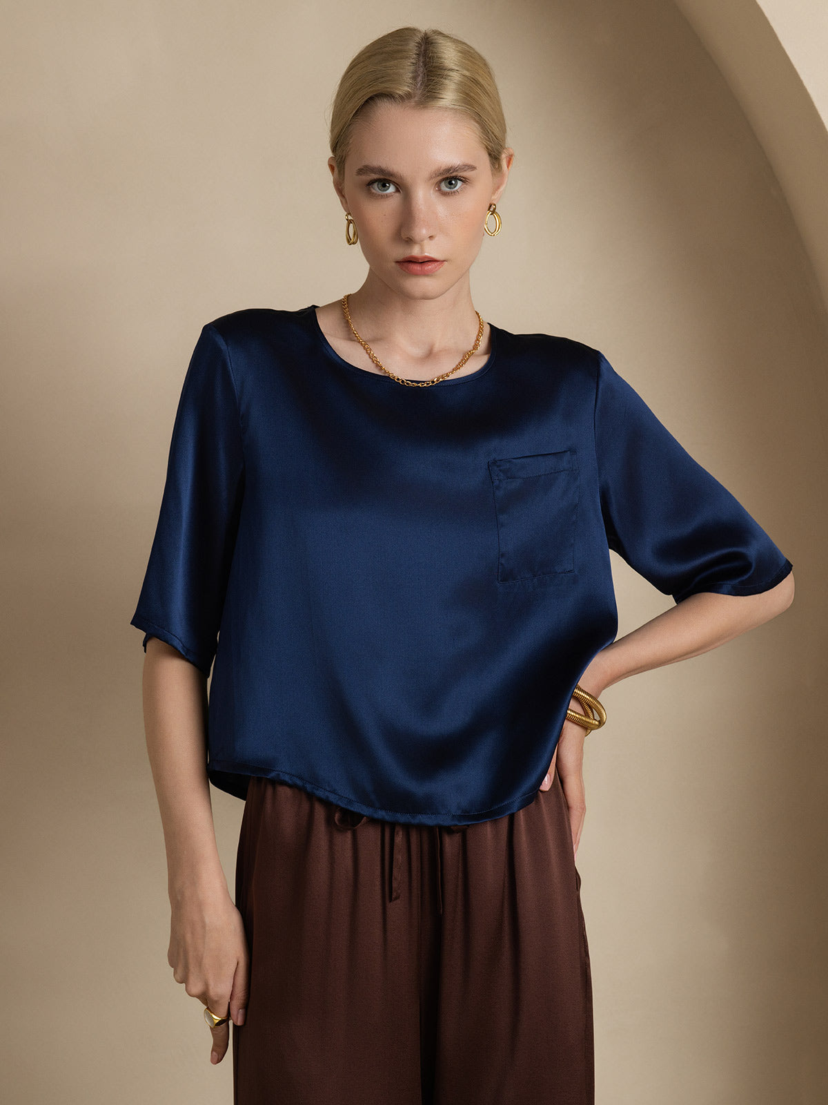 [Mörkblå] SilkSilky-SE Rent Silke Womens T-Shirt 003