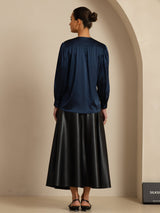 [Mörkblå] SilkSilky-SE 19Momme Long Sleeve Round Neck Blus 002