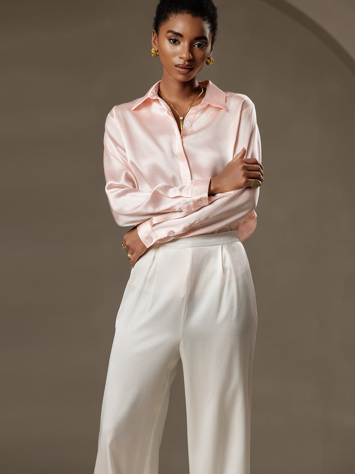 [Rosa] SilkSilky-SE 19Momme Silke Lapel Collar Damskjorta 006