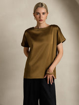 [Brun] SilkSilky-SE 19Momme Kort Ärm Båtringad Dam T-Shirt 006