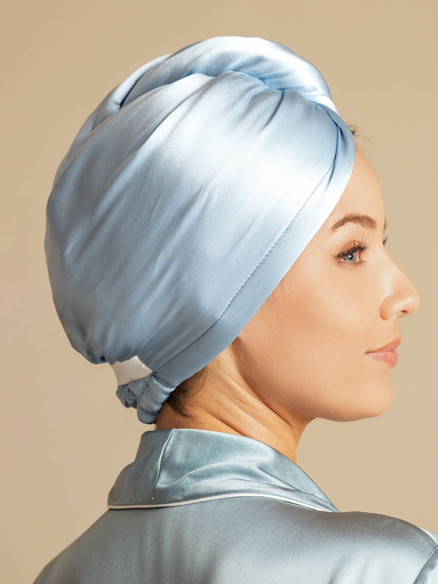 [Himmelsblå] SilkSilky-SE Rent Silke Hair Towel Wrap 002,