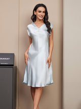 [Ljusblå] SilkSilky-SE Cap Sleeve V Neck Nattlinne 003