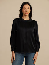 [Svart] SilkSilky-SE 19Momme Long Sleeve Round Neck Blus 003