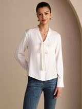 [Vit] SilkSilky-SE Long Sleeve Tie Neck Damblusar 003
