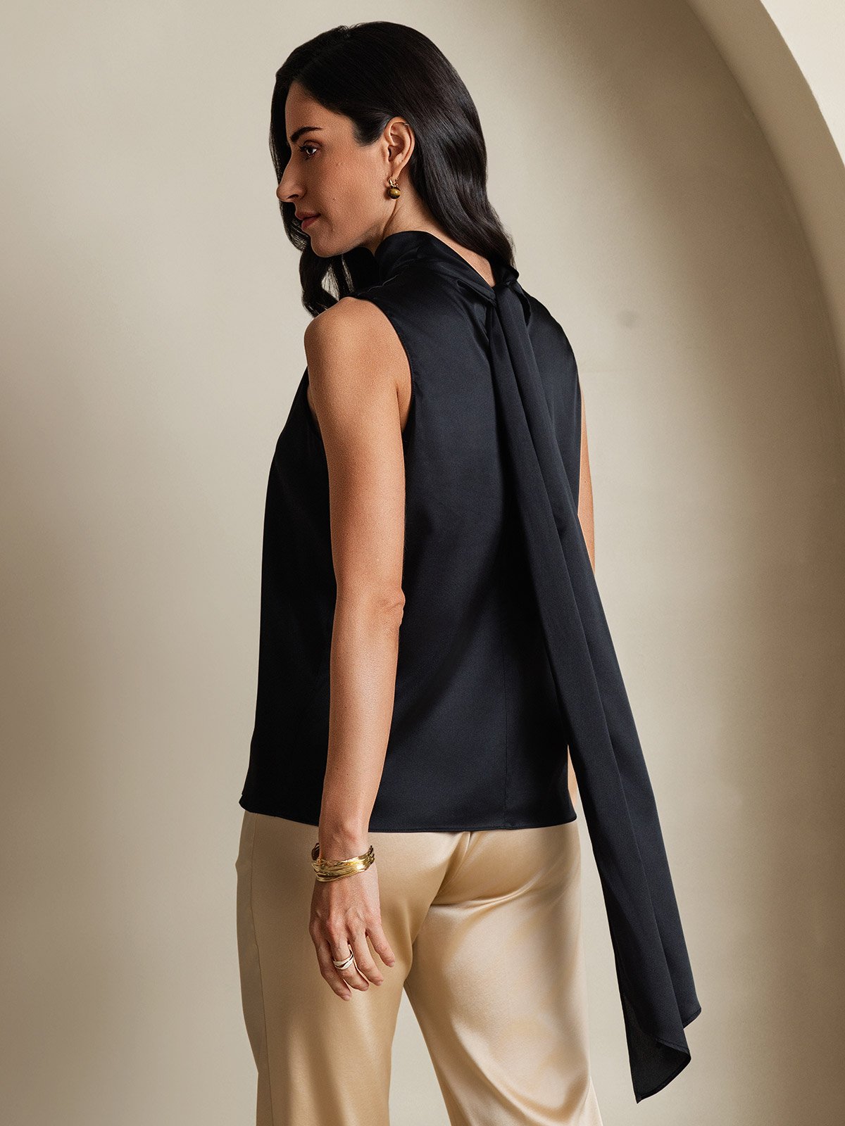 SilkSilky-SE 19Momme Silke Binda Hals Damskjorta Svart 002