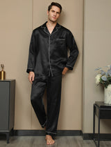 [Svart] SilkSilky-SE Long Sleeve Lapel Collar Herr Pyjama 004