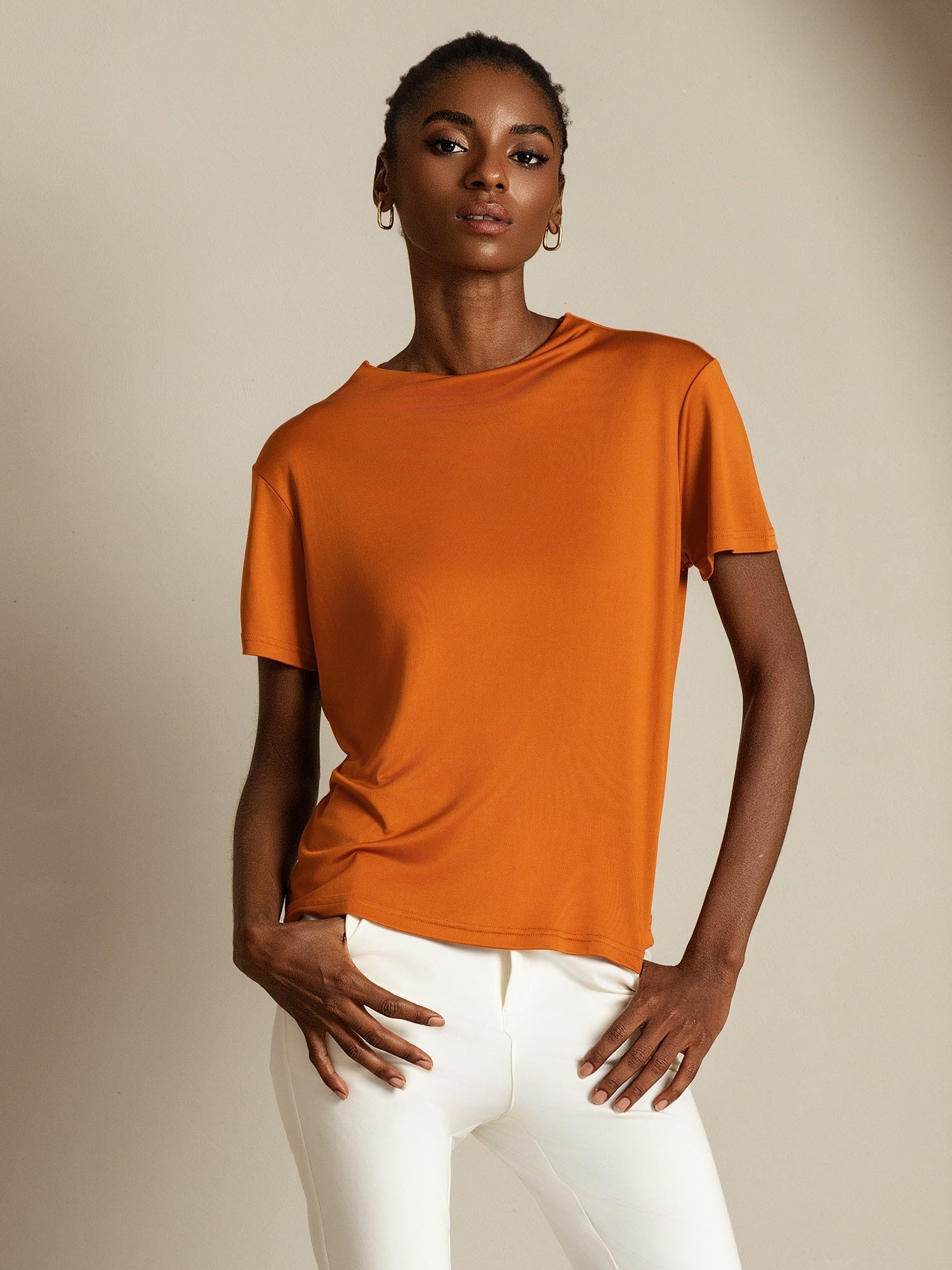 [Orange] SilkSilky-SE Rent Silke Krage Dam T-Shirt 005
