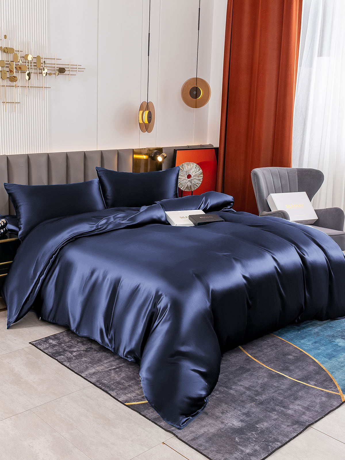 SilkSilky SE 19Momme Rent Silke Bedding Set Mörkblå 003